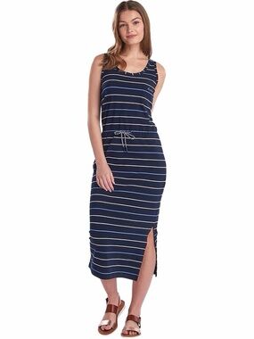 Barbour woman’s Navy Striped Sleeveless Midi Dress with Side Slit